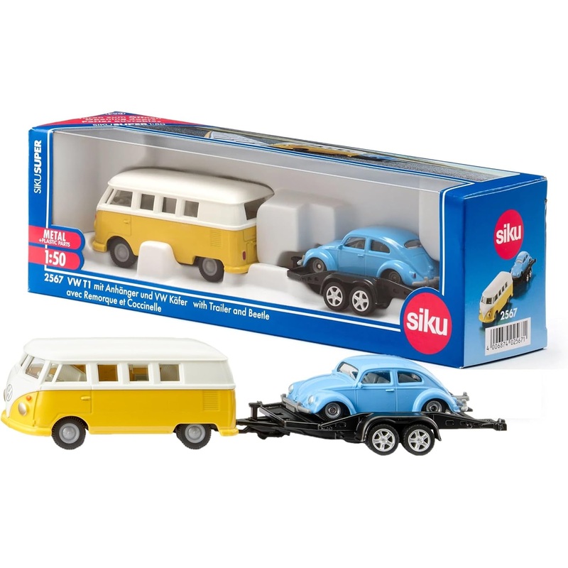 SIKU 2567 VW T1 WITH TRAILER AND BEETLE 1:50 SCALE