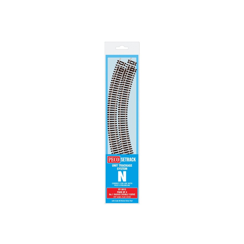 PECO ST-3012 NO.1 RADIUS DOUBLE CURVE 228MM  (4 X ST-12) N GAUGE SETRACK CODE 80 CURVED TRACK  PACKS