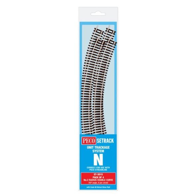 PECO ST-3015 NO.2 RADIUS DOUBLE CURVE 263.5MM (4 X ST-15)  N GAUGE SETRACK CODE 80 CURVED TRACK  PACKS