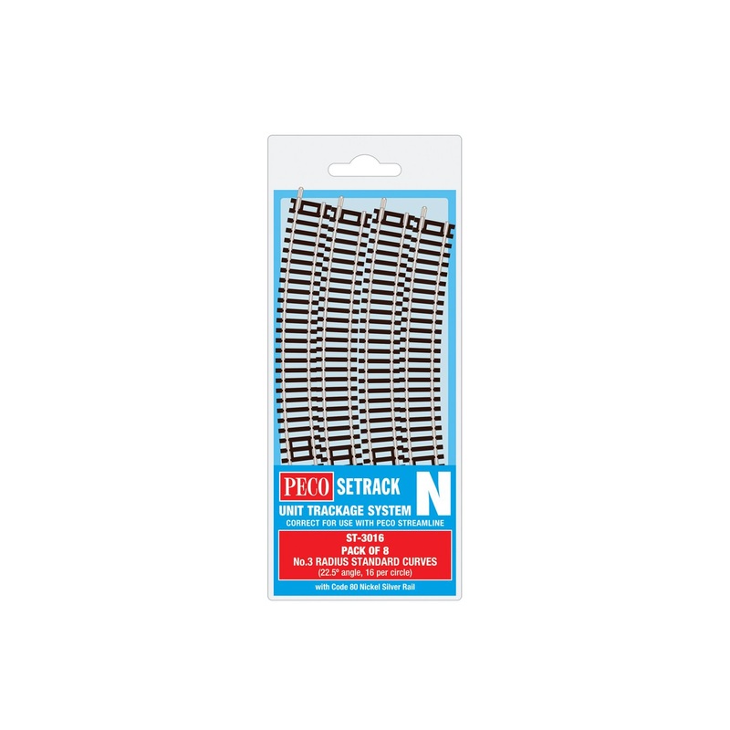 PECO ST-3016 NO.3 RADIUS STANDARD CURVE 298.5MM (8 X ST-16) N GAUGE SETRACK CODE 80 CURVED TRACK  PACKS