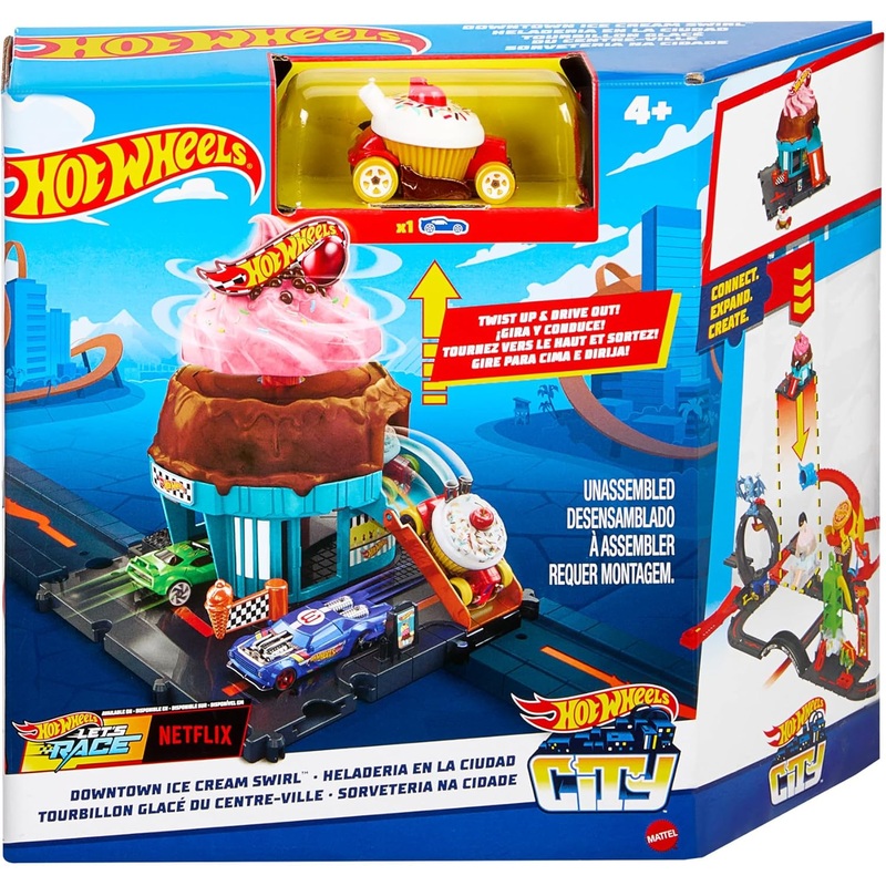 HOT WHEELS HTN77 LETS RACE NETFLIX DOWNTOWN ICE CREAM SWIRL SET