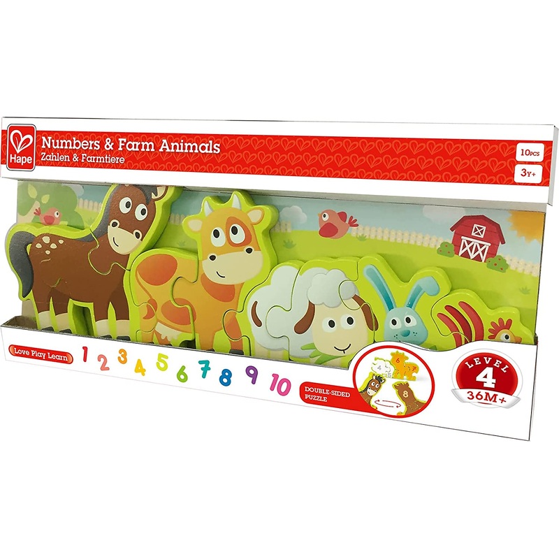HAPE E1628 WOODEN NUMBERS AND FARM ANIMALS DOUBLE SIDED PUZZLE