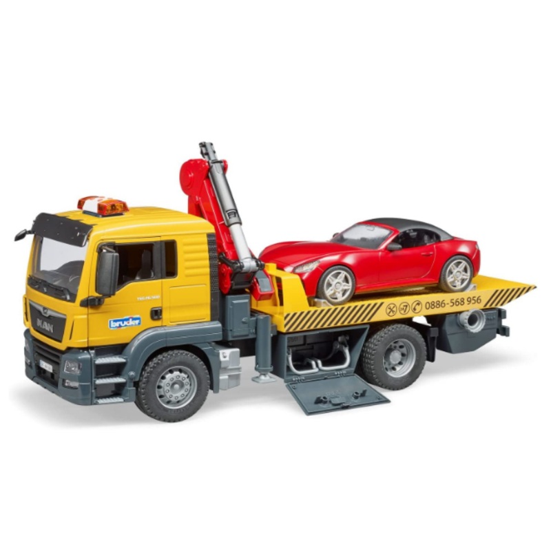 BRUDER 3750 MAN TGS TOW TRUCK AND ROADSTER WITH LIGHTS AND SOUNDS