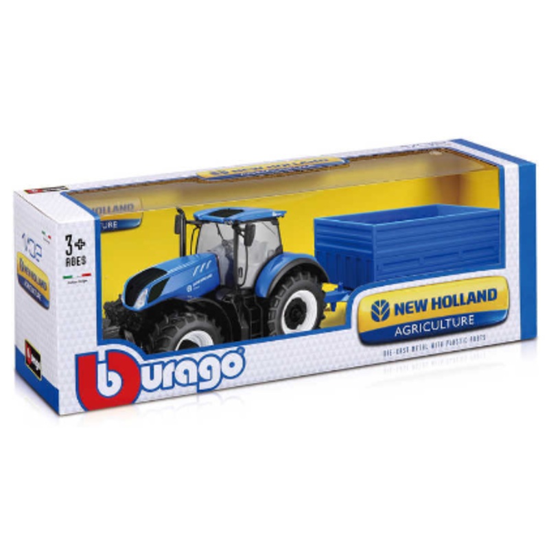 BURAGO 18-44067 NEW HOLLAND T7HD TRACTOR WITH HAY TRAILER