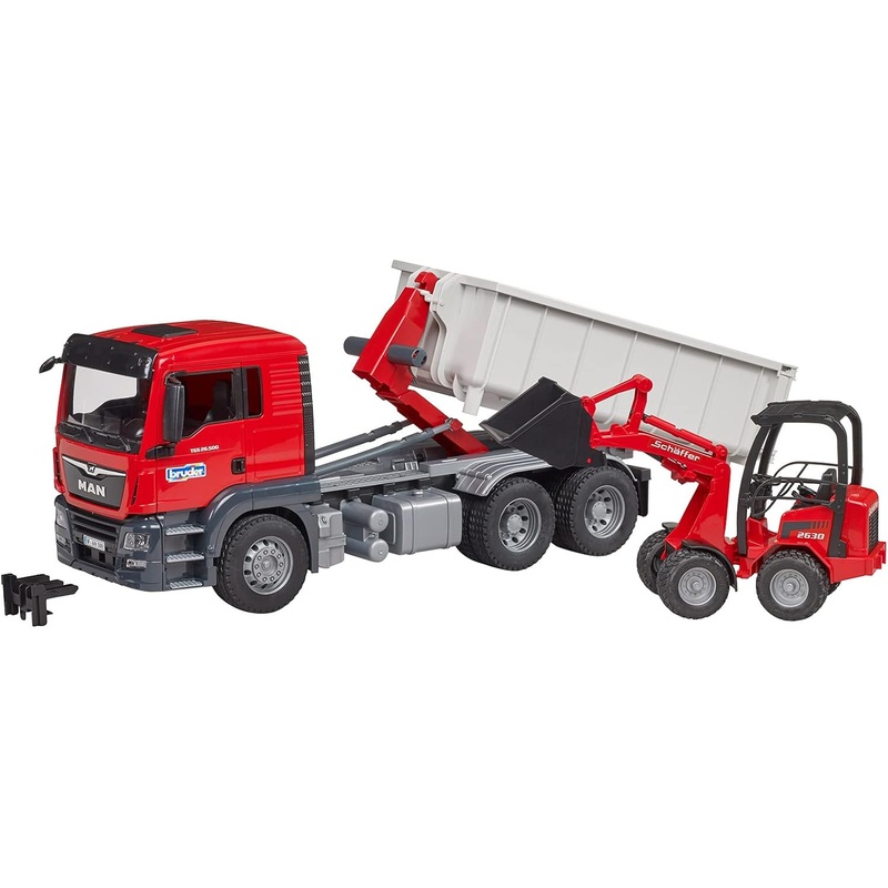 BRUDER 03767 MAN TGS TRUCK WITH ROLL OFF CONTAINER AND COMPACT LOADER