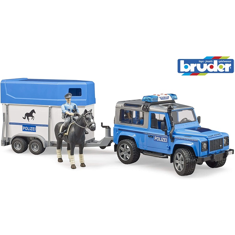 BRUDER 2588 Land Rover Defender Police Car with Horse Box Horse and Policeman