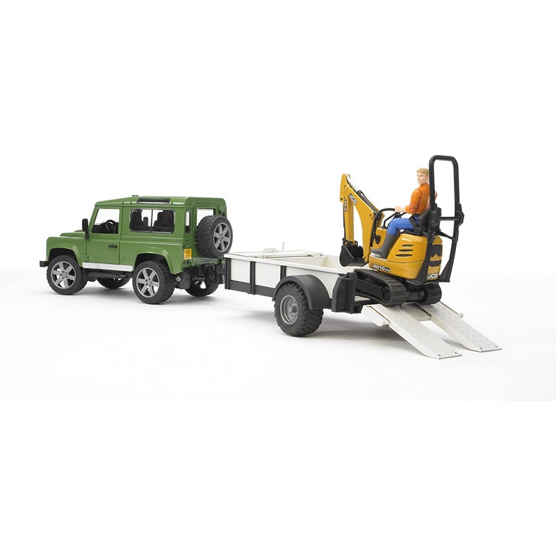 BRUDER 2593 Land Rover Defender with One Axle Traile, JCB Micro Excavator and Worker