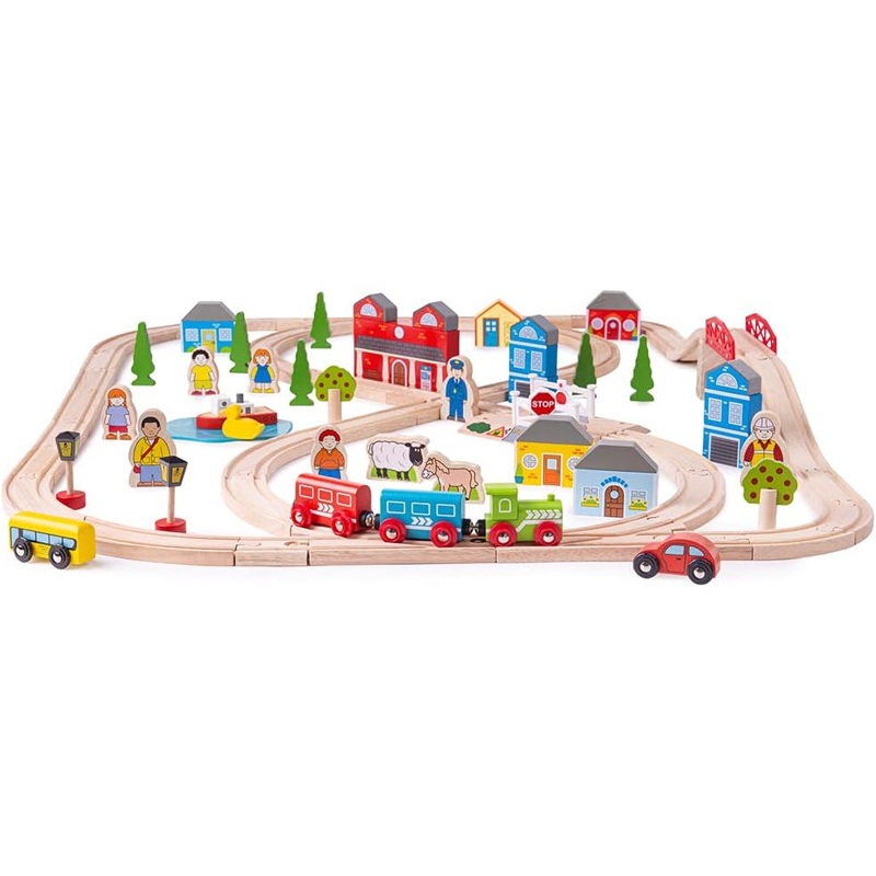 BIGJIGS BJT015 WOODEN TOWN AND COUNTRY TRAIN SET