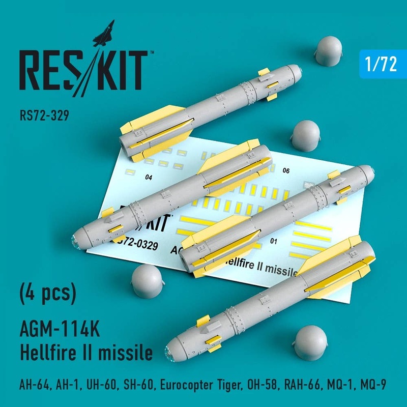 1/72 AGM-114K Hellfire II missiles (4 pcs) (AH-64, AH-1, UH-60, SH-60, Eurocopter Tiger, OH-58, RAH-66, MQ-1, MQ-9) (for Academy, AFV Club, Airfix, Bilek, Hasegawa, Revell, Zvezda, Italeri, Fujimi, Special Hobby, DreamModel, HobbyBoss, Tamiya)
