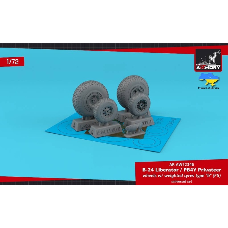 1/72 B-24 Liberator / PB4Y Privateer wheels w/ weighted tyres type b (FS), 2 types nose wheels, 3D-printed mudguard & PE hubcaps