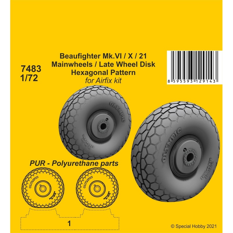 1/72 Beaufighter Mk.VI/X/21 Mainwheels - Late Wheel Disk / Hexagonal Tread Pattern (for Airfix)
