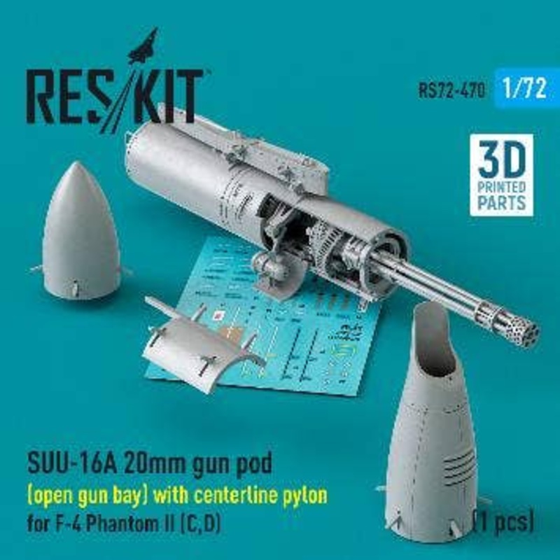 1/72 SUU-16A 20mm gun pod (open gun bay) with centerline pylon for F-4 Phantom II (C,D) (1 pcs) (3D Printed)