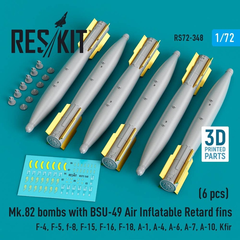 1/72 Mk.82 bombs with BSU-49 air inflatable retard fins (6 pcs) (3D Printed)