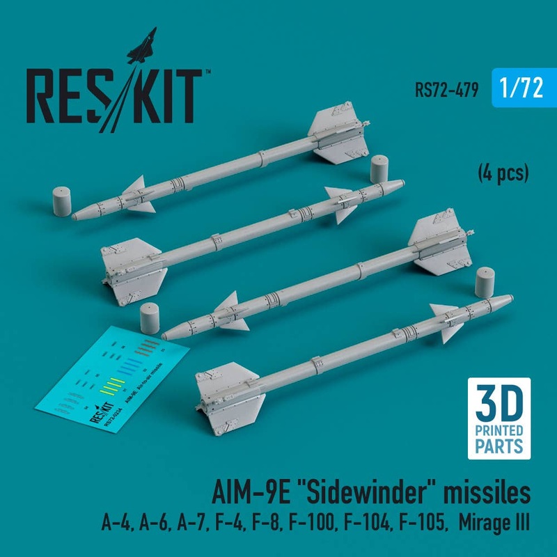 1/72 AIM-9E Sidewinder missiles (4 pcs) (A-4, A-6, A-7, F-4, F-8, F-100, F-104, F-105,  Mirage III) (3D Printed)