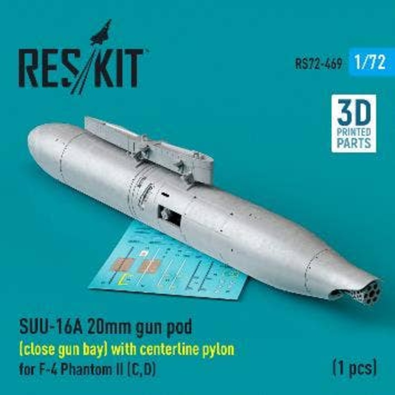 1/72 SUU-16A 20mm gun pod (close gun bay) with centerline pylon for F-4 Phantom II (C,D) (1 pcs) (3D Printed)