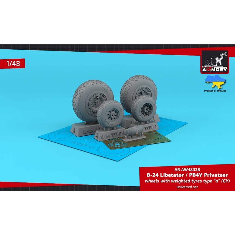 1/48 B-24 Liberator / PB4Y Privateer wheels w/ weighted tyres type a (GY), 2 types nose wheels, 3D-printed mudguard & PE hubcaps