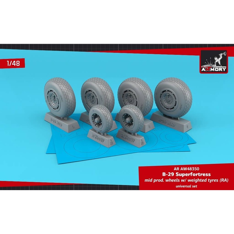 1/48 B-29 Superfortress mid production wheels w/ weighted tyres (RA) & PE hubcaps (for HAS, MON, REV)