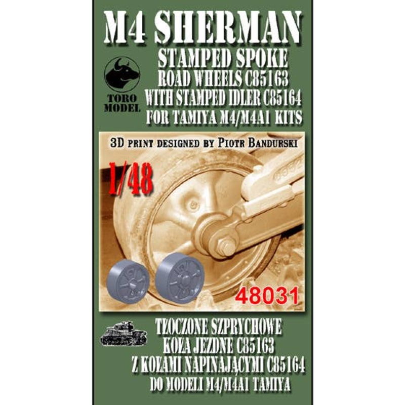 1/48 M4 Sherman - Stamped Spoke Road Wheels C85163 with Stamped Idler C85164 - for Tamiya kit  NEW 3D  (set contains 12 road wheels and 2 idlers - enough for one model)
