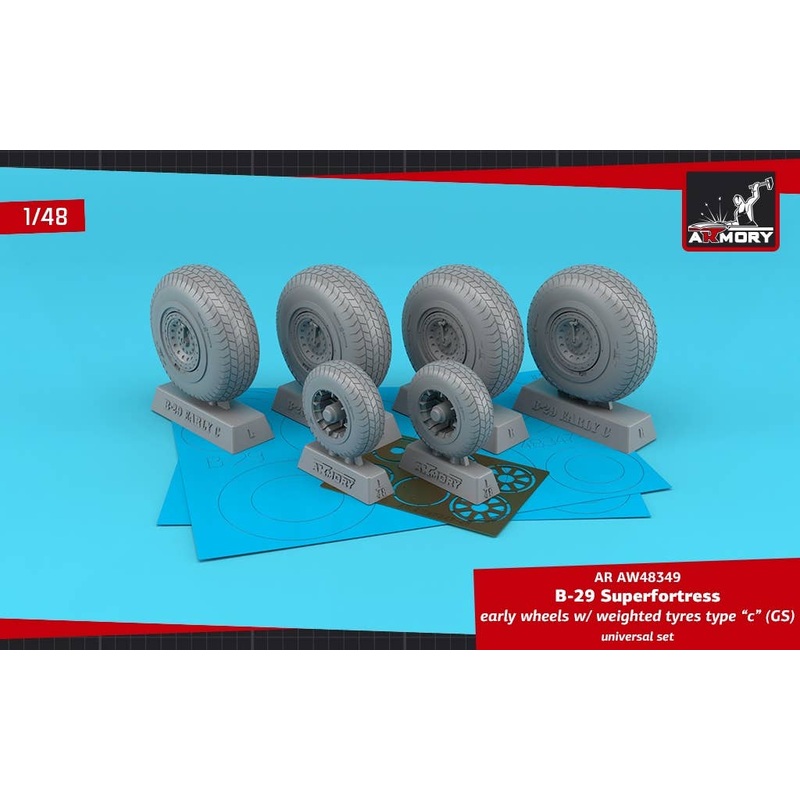 1/48 B-29 Superfortress early production wheels w/ weighted tyres type "c" (GS) & PE hubcaps (for HAS, MON, REV)