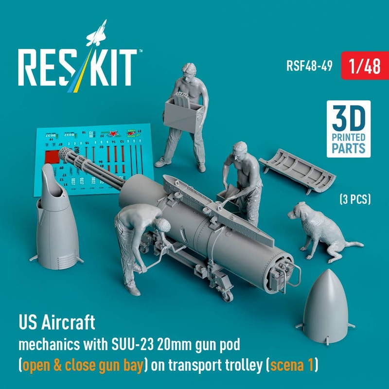 1/48 US Aircraft mechanics with SUU-23 20mm gun pod (open & close gun bay) on transport trolley (scene 1) (3 pcs)