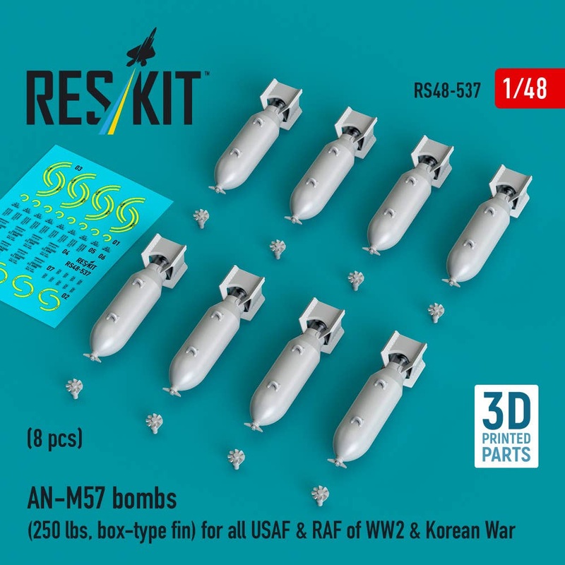 1/48 AN-M57 bombs (250 lbs, box-type fin) WW2 & Korean War (8 pcs) (3D Printed)