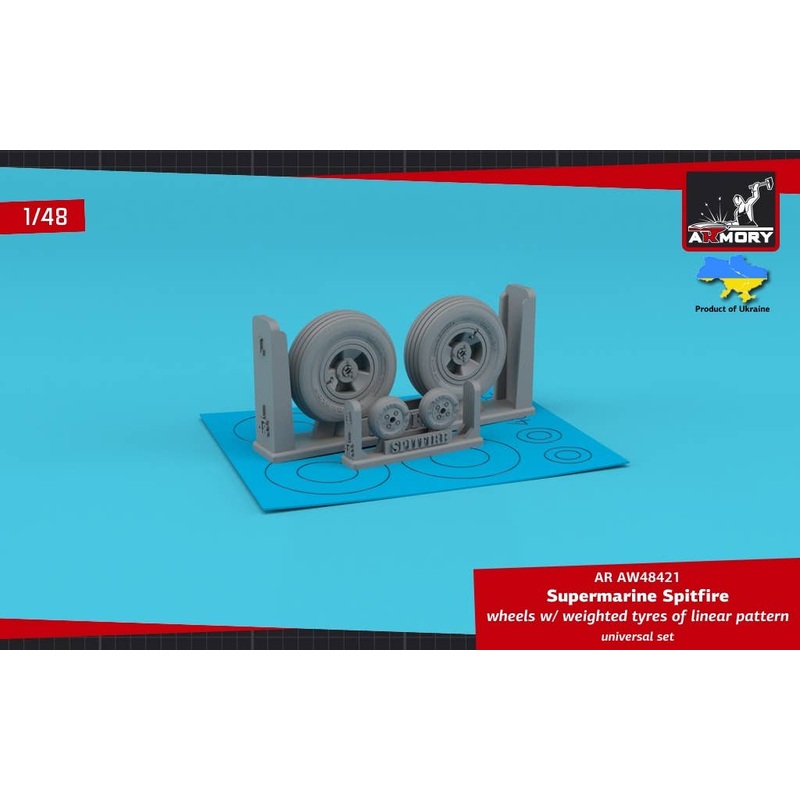 1/48 Supermarine Spitfire wheels w/ weighted tyres of concentric line pattern & 3-spoke hubs