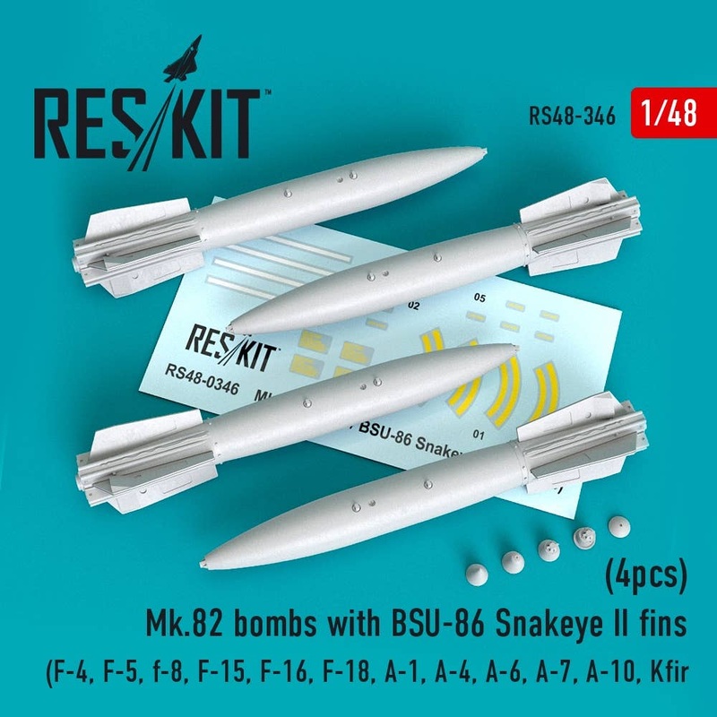 1/48 Mk.82 bombs with BSU-86 Snakeye II fins (4pcs) (F-4, F-5, F-8, F-15, F-16, F-18, A-1, A-4, A-6, A-7, A-10, Kfir) (for Academy, Eduard, Hasegawa, Fujimi, GWH, Italeri, Revell, Italeri, Kinetic)