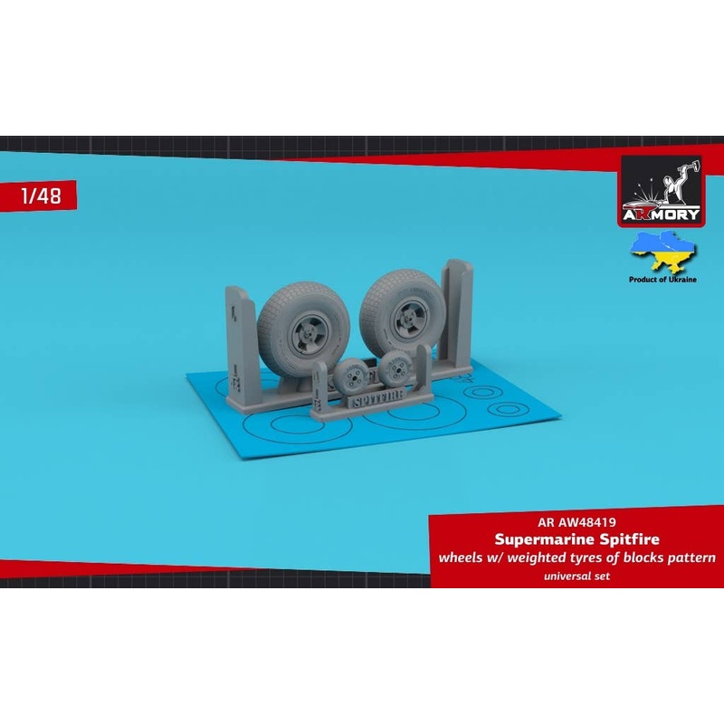 1/48 Supermarine Spitfire wheels w/ weighted tyres of block pattern & 4-spoke hubs