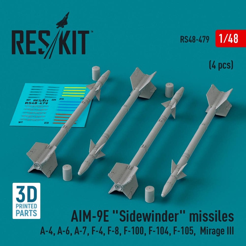 1/48 AIM-9E Sidewinder missiles (4 pcs) (A-4, A-6, A-7, F-4, F-8, F-100, F-104, F-105,  Mirage III) (3D Printed)