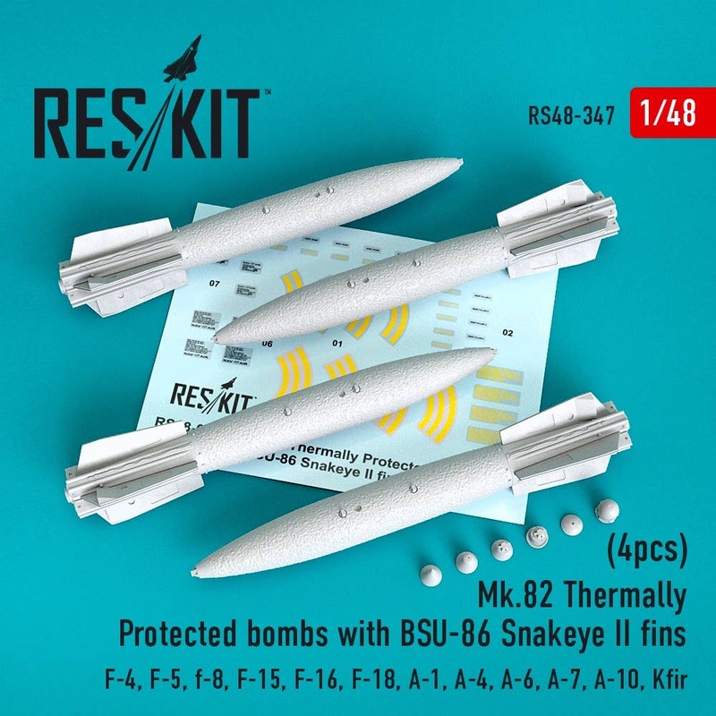 1/48 Mk.82 thermally protected bombs with BSU-86 Snakeye II fins (4pcs) (F-4, F-5, F-8, F-15, F-16, F-18, A-1, A-4, A-6, A-7, A-10, Kfir) (for Academy, Eduard, Hasegawa, Fujimi, GWH, Italeri, Revell, Italeri, Kinetic)
