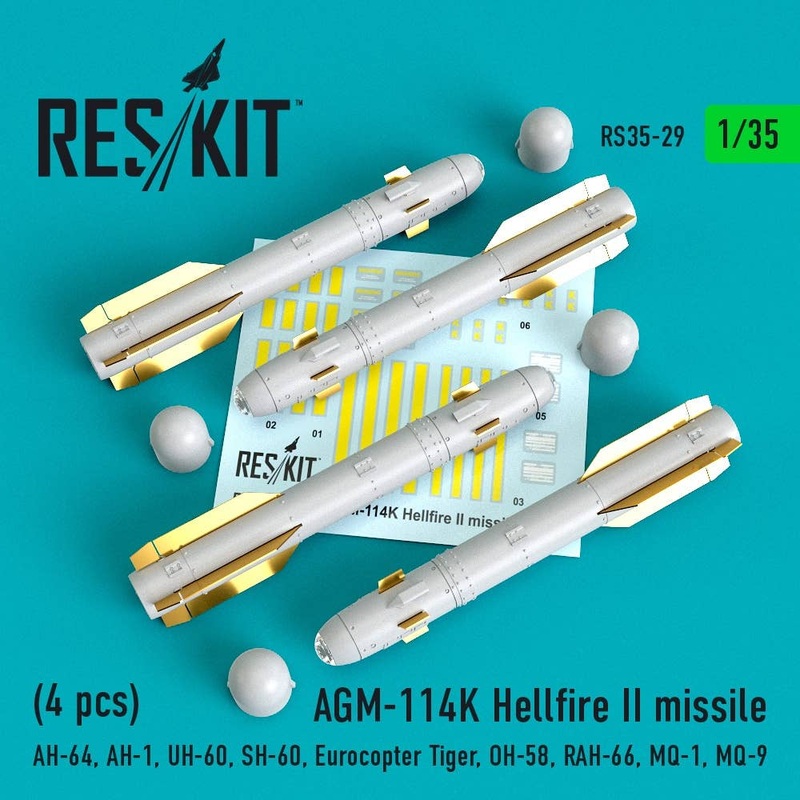 1/35 AGM-114K Hellfire II missiles (4 pcs) (AH-64, AH-1, UH-60, SH-60, Eurocopter Tiger, OH-58, RAH-66, MQ-1, MQ-9) (for Kangnam, Academy, Italeri, AFV Club, KittyHawk)