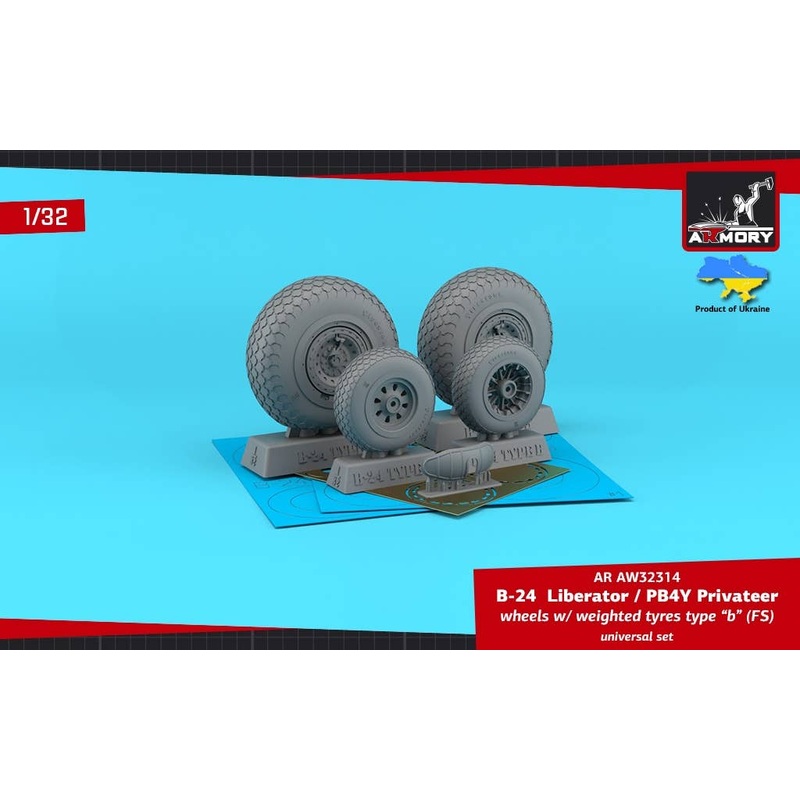 1/32 B-24 Liberator / PB4Y Privateer Wheels w/ Weighted Tires Type B (FS), 2 Types Nose Wheels, 3D-Printed Mudguard & PE Hubcaps