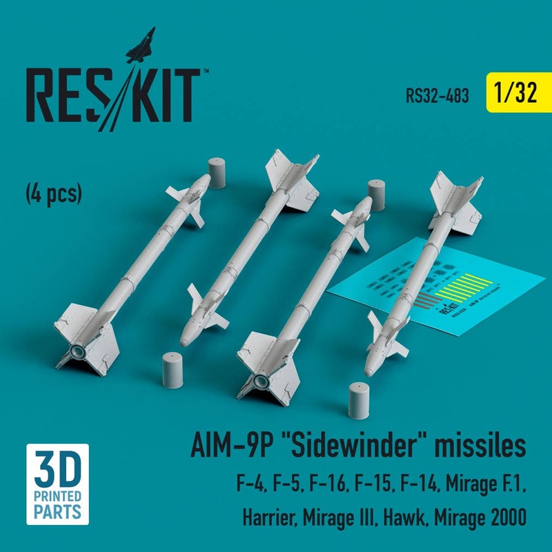 1/32 AIM-9P Sidewinder missiles (4 pcs) (F-4, F-5, F-16, F-15, F-14, Mirage F.1, Harrier, Mirage III, Hawk, Mirage 2000) (3D Printed)