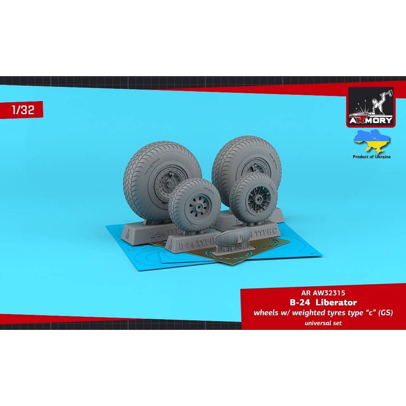 1/32 B-24 Liberator wheels w/ weighted tyres type c (GS), 2 types nose wheels, 3D-printed mudguard & PE hubcaps