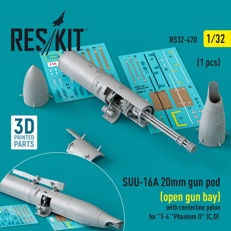 1/32 SUU-16A 20mm gun pod (open gun bay) with centerline pylon for F-4 Phantom II (C,D) (1 pcs) (3D Printed)