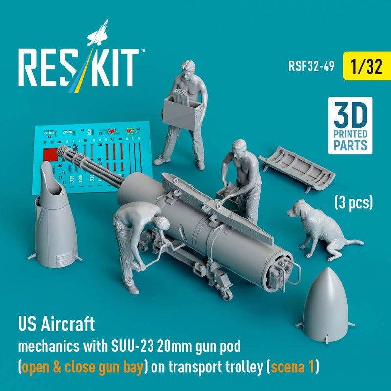 1/32 US Aircraft mechanics with SUU-23 20mm gun pod (open & close gun bay) on transport trolley (scene 1) (3 pcs)