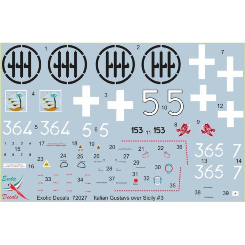 1/72  Italian Gustavs over Sicily #3 - Bf 109G in Regia Aeronautica part 3 (3 different markings of 3 different planes - decals enough for one model only)