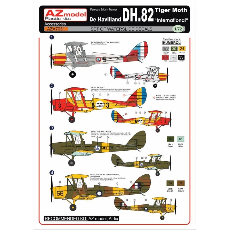 1/72 D.H.-82 Tiger Moth International 4 x Decal