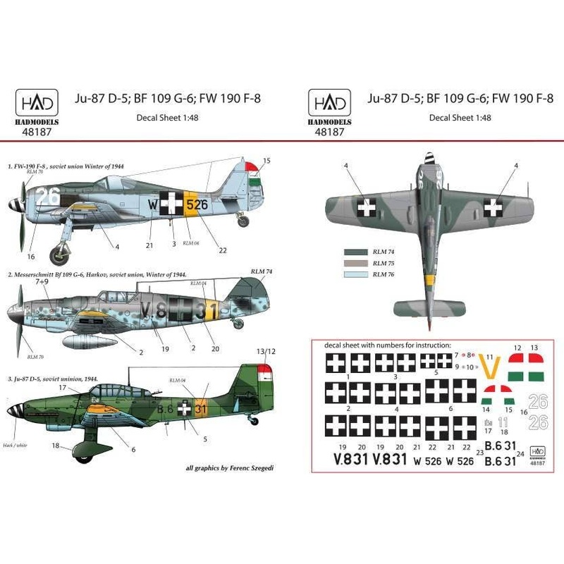 1/48 Messerschmitt BF 109 G-6, Junkers Ju-87 D-5, FW 190 F-8 Decal Sheet