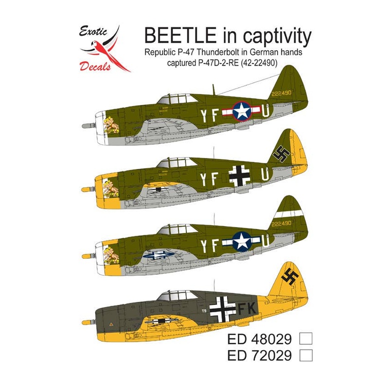 1/48 BEETLE in captivity - Republic P-47 Thunderbolt in German hands, captured P-47D-2-RE (42-22490) (4 different markings of one plane - decals enough for two models)