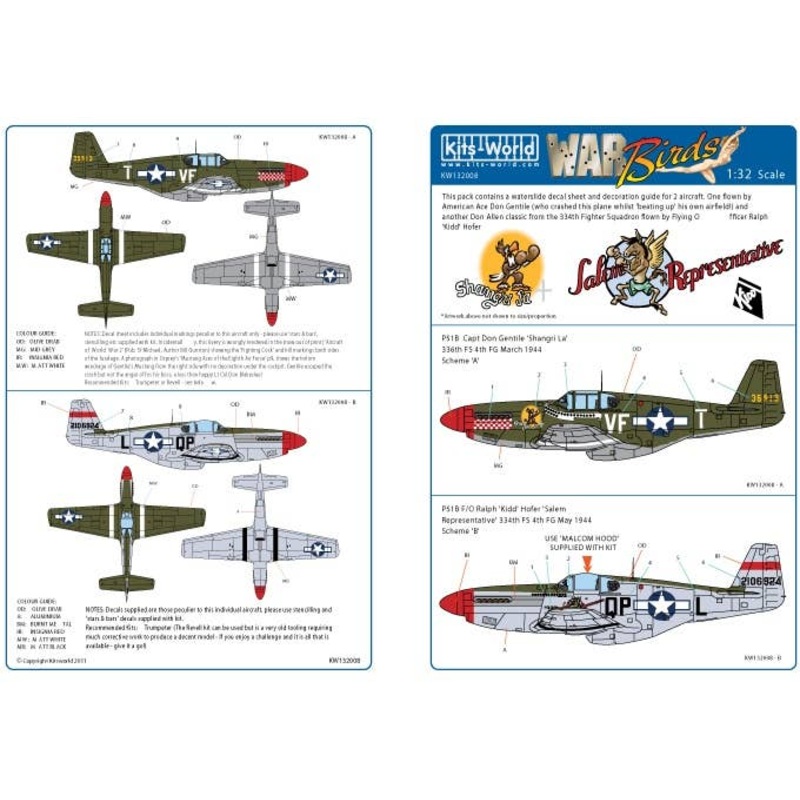 1/32 WW.II U.S. Forces P-51B Mustang 43-6913 VF-T "Shanghri La" & 42-106924 QP "Salem Representative " Decal