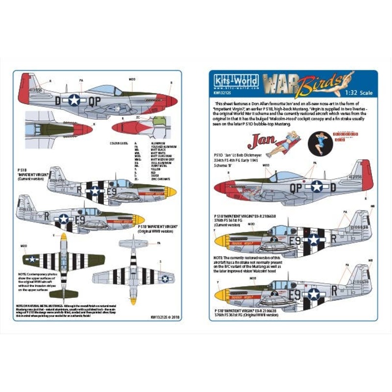 1/32 WW.II U.S. Forces P-51B Mustang 44-13956 QP-D "Jan" & 42-106638 E9-R "Impatient Virgin" Decal