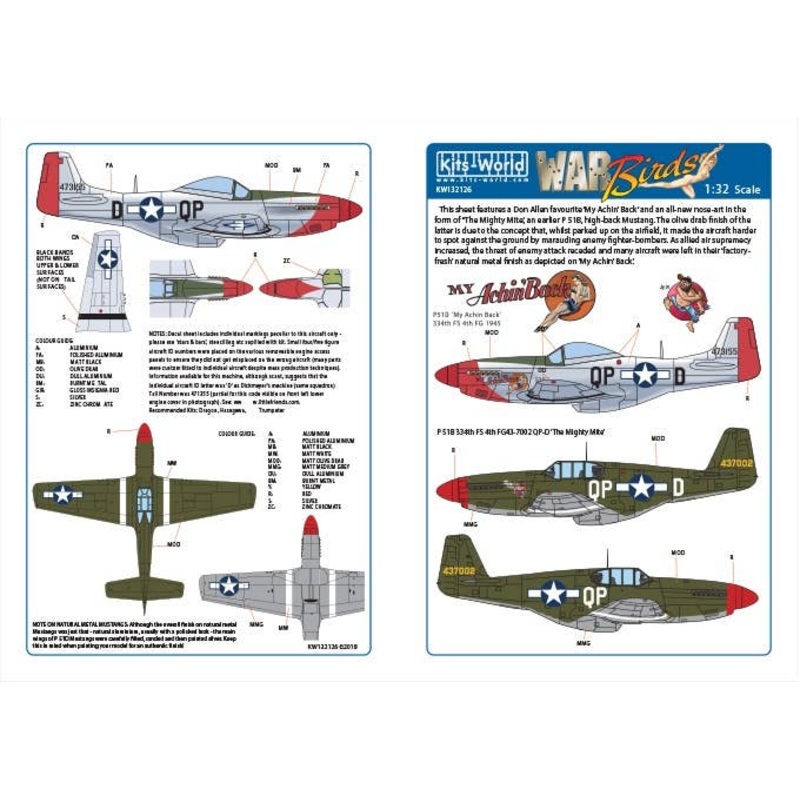 1/32 WW.II U.S. Forces P-51B Mustang 44-73155 My Achin Back & 44-37002 QP-D "The Mighty Mite" Decal