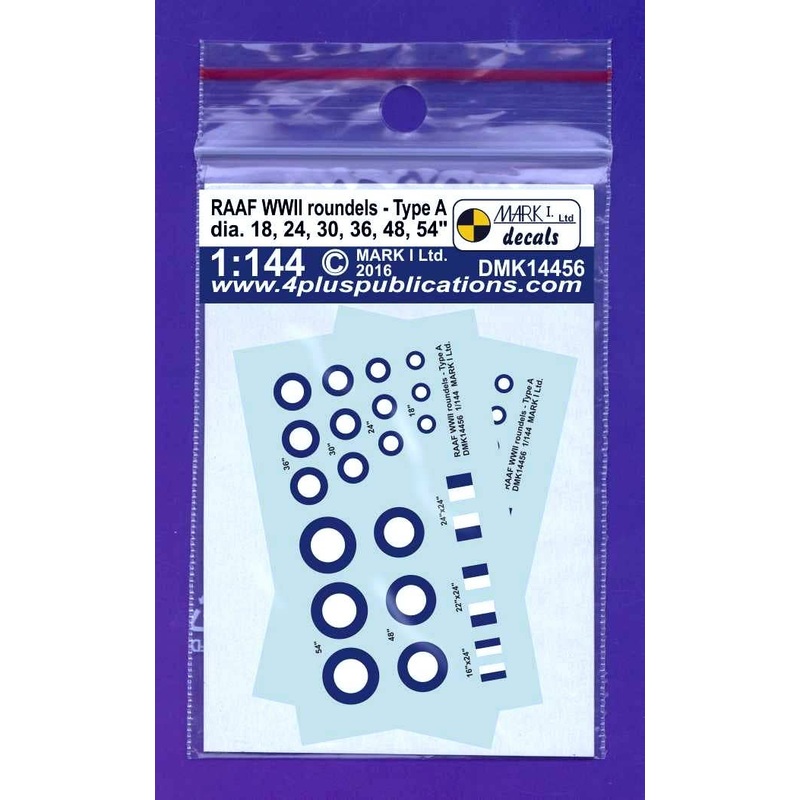 1/144 RAAF WWII Roundels Type A (Thin Ring)(Dia 18,24,30,36,48,54" + Fin Flash), 2 Sets
