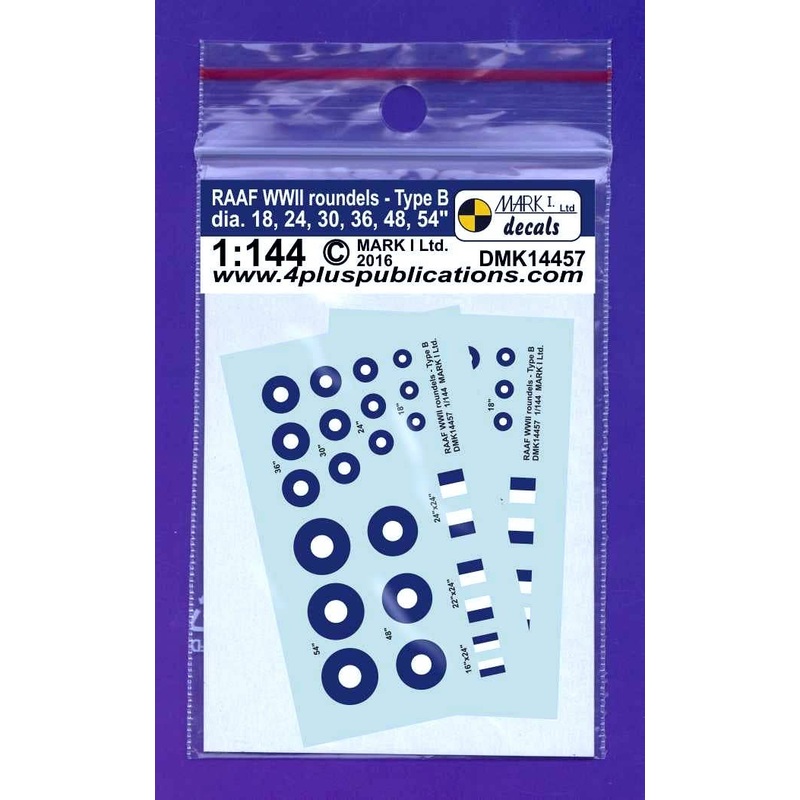 1/144 RAAF WWII Roundels Type B (Thick Ring)(Dia 18,24,30,36,48,54" + Fin Flash), 2 Sets